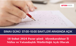 18 Şubat 2024 Pazar günü  Afyonkarahisar İl Nüfus ve Vatandaşlık Müdürlüğü Açık Olacak